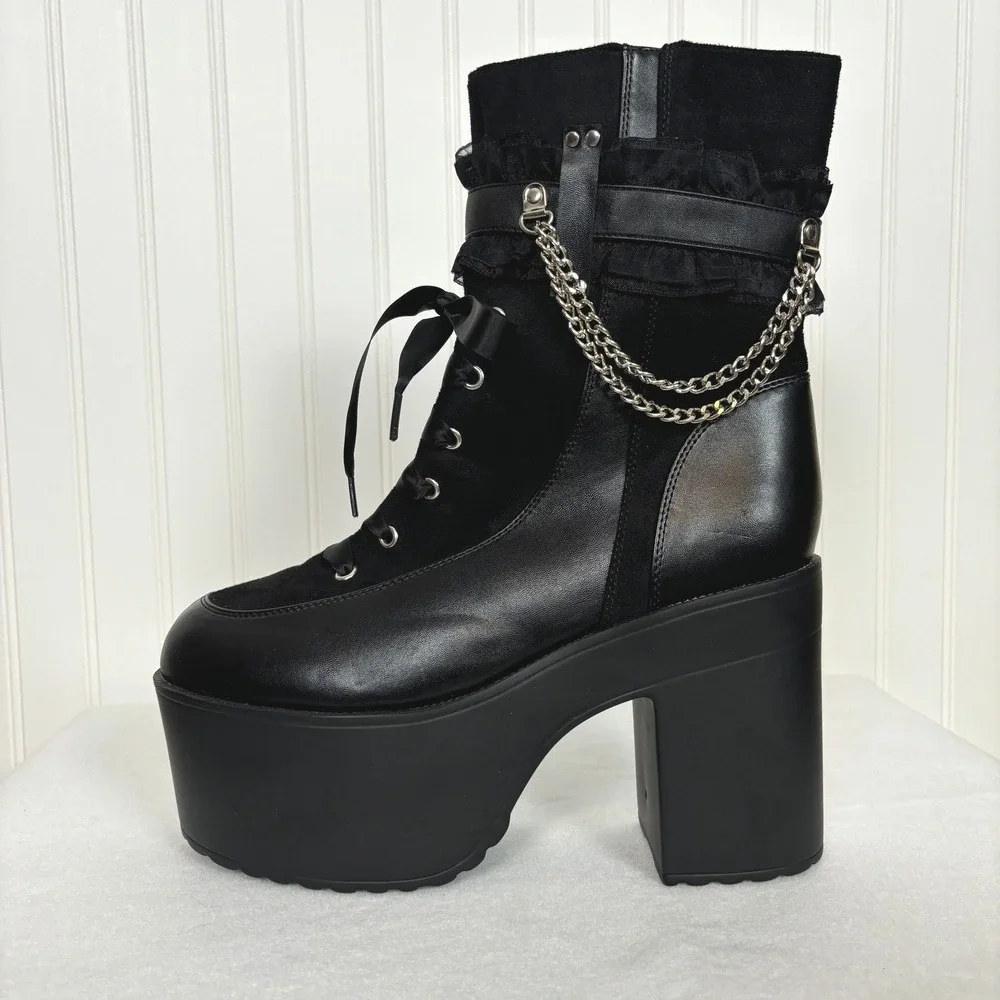 Hot Topic Black Ruffle Chain Platform Boots size 11 Gothic Punk Whimsigoth Rock